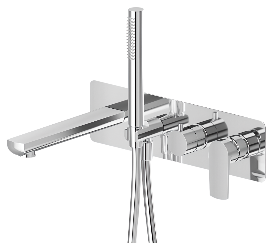 Смеситель для ванны Newform Haka, настенный, скрытого монтажа, излив, переключатель на 2 выхода, ручной душ, внешняя часть, цвет хром