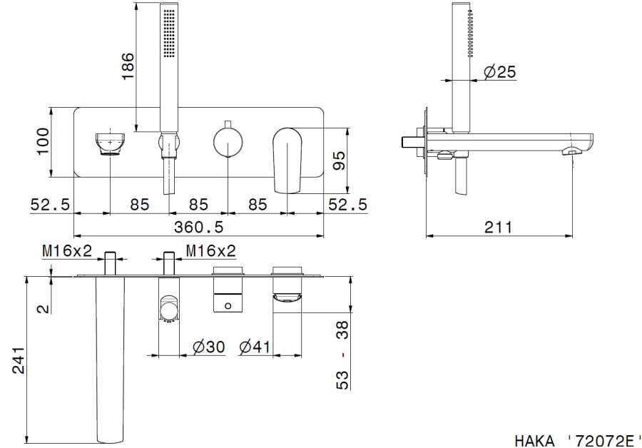 Смеситель для ванны Newform Haka, настенный, скрытого монтажа, излив, переключатель на 2 выхода, ручной душ, внешняя часть, цвет хром - изображение 2