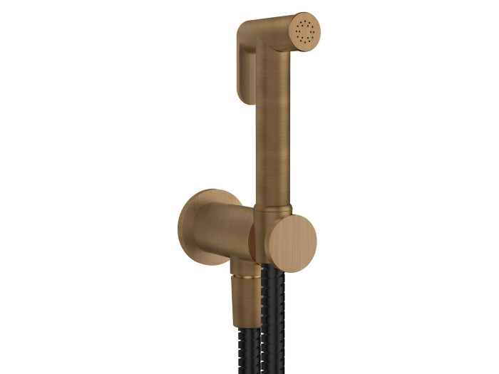 На изображении товар Гигиенический душ Gessi Tondo, шланг 1250 мм, шланговое подсоединение с держателем лейки, цвет Antique Brass от официального представителя в Москве