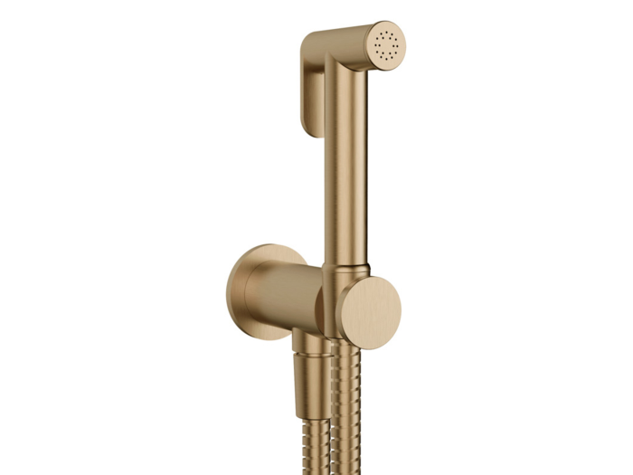 На изображении товар Гигиенический душ Gessi Tondo, шланг 1250 мм, шланговое подсоединение с держателем лейки, цвет Warm Bronze Br. PVD от официального представителя в Москве