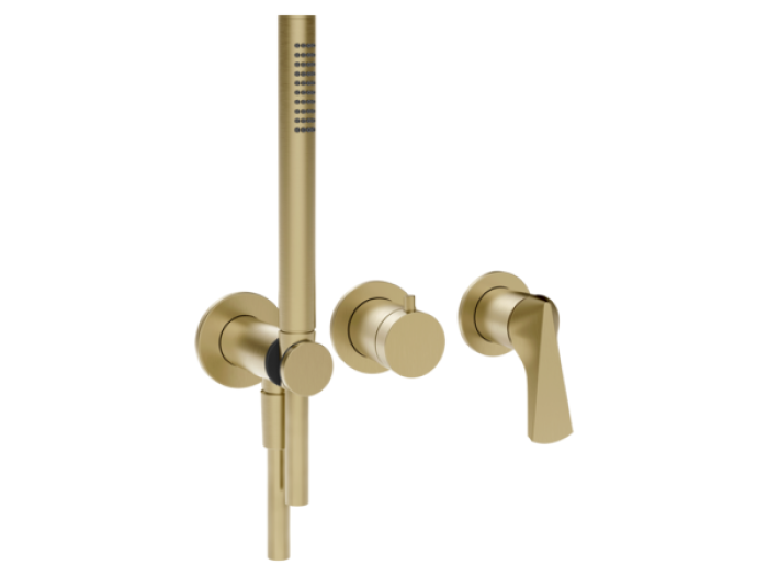На изображении товар Смеситель для душа Gessi Ventaglio, встраиваемый, настенный, на 2 выхода, с ручным душем и переключателем, внешние части, цвет Brushed Brass PVD от официального представителя в Москве