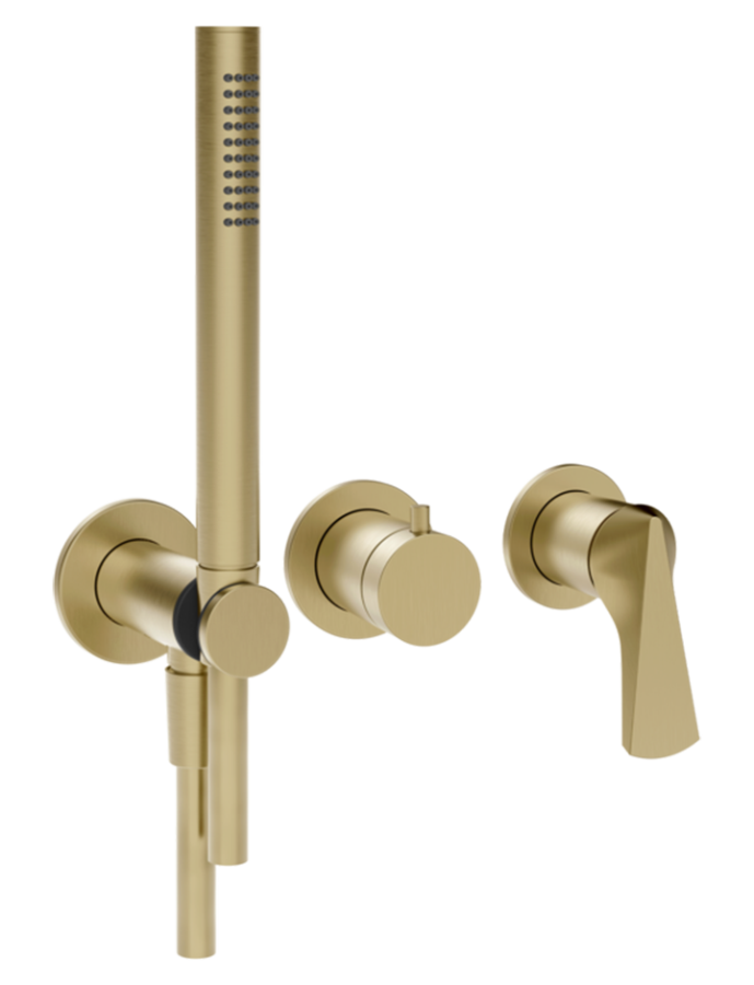 Смеситель для душа Gessi Ventaglio, встраиваемый, настенный, на 2 выхода, с ручным душем и переключателем, внешние части, цвет Brushed Brass PVD