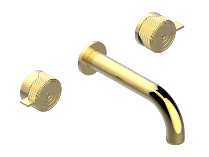 На изображении товар Смеситель для раковины THG Zoom.7, на 3 отверстия, встраиваемый в стену, с трубчатым изливом, внешняя часть, цвет Polished gold от официального представителя в Москве