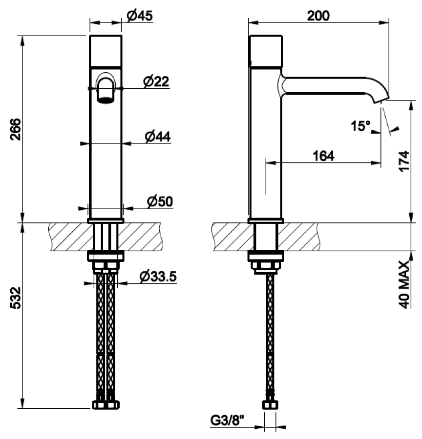Смеситель для раковины Gessi Habito Trame, h266 мм, на 1 отверстие, излив 1644 мм, без донного клапана и соединительными шлангами, цвет Warm Bronze Br. PVD - изображение 1