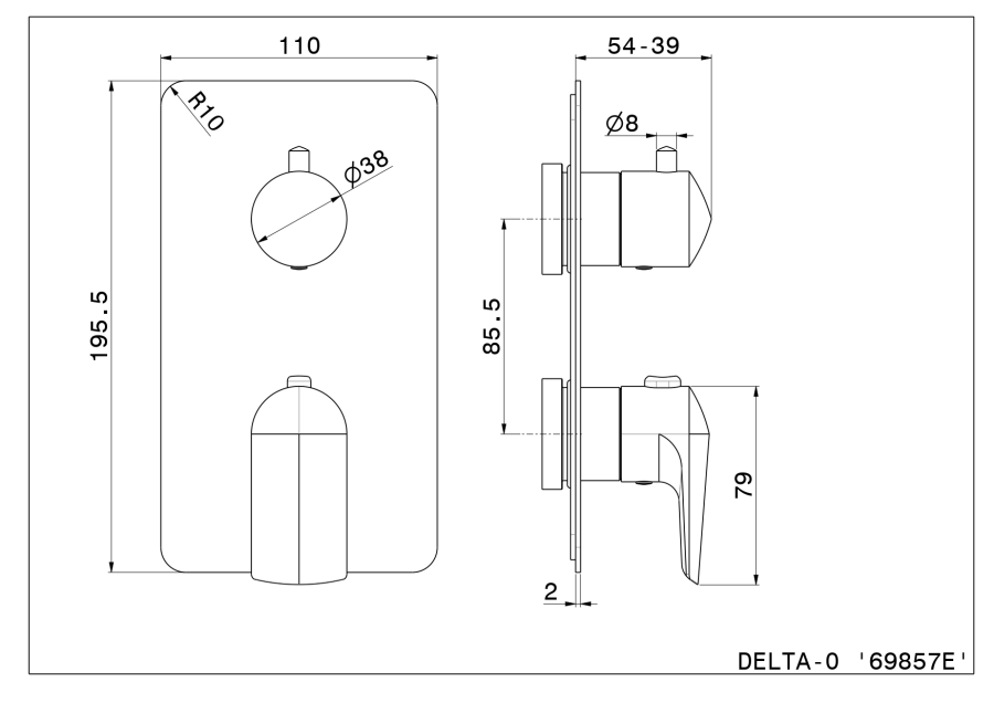 Термостат для душа Newform Delta Zero, встраиваемый, настенный, ручка установки температуры и запорный вентиль, внешняя часть, цвет Matt Black - изображение 1