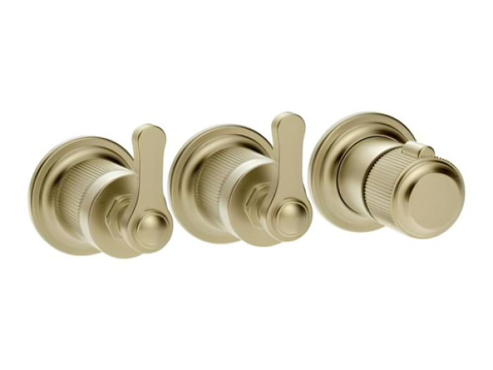 На изображении товар Термостат Gessi Venti20, встраиваемый, с 2 независимыми выходами, вертикальная/горизонтальная установка, внешняя часть, L-244 мм, цвет Brushed Brass PVD от официального представителя в Москве