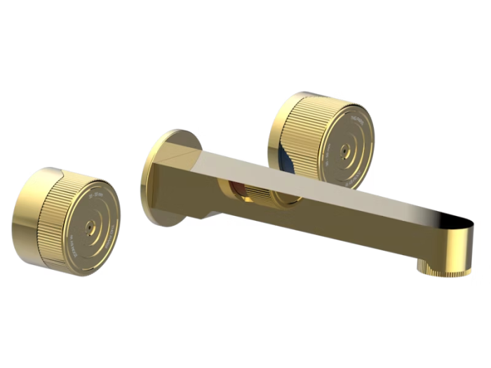 На изображении товар Смеситель для раковины THG Zoom.5, на 3 отверстия, встраиваемый в стену, с изливом голиаф, внешняя часть, цвет Polished gold от официального представителя в Москве