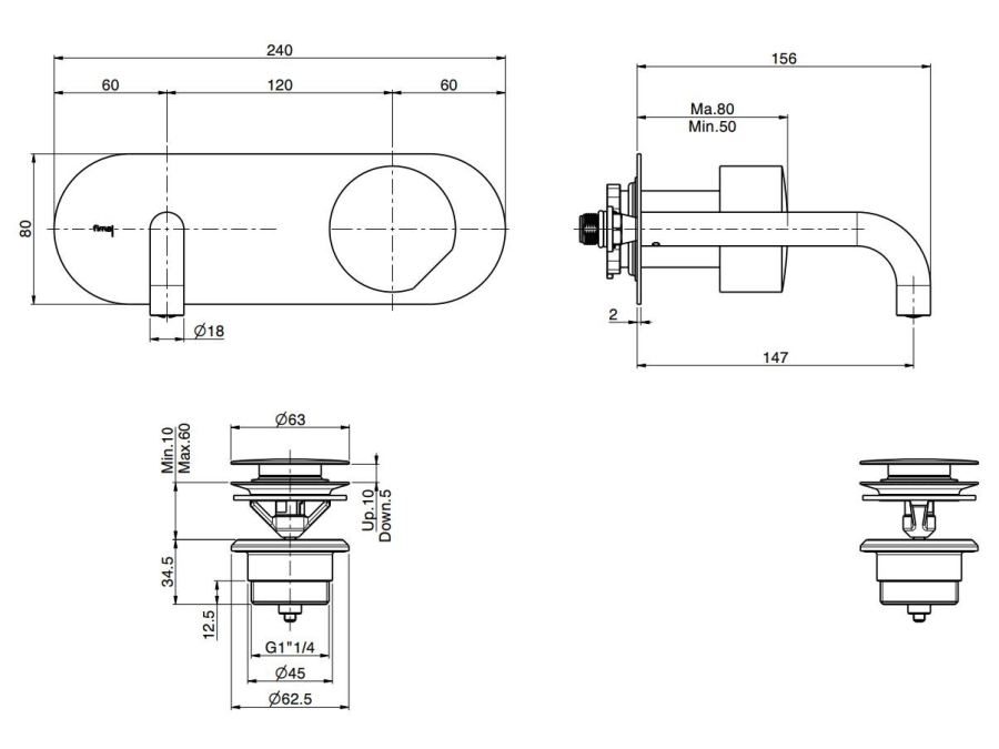 Смеситель для раковины Carlo Frattini SO, настенный, без ручек, с донным клапаном Click-Clack, излив 147 мм, внешняя часть, цвет брашированный чёрный хром - изображение 3