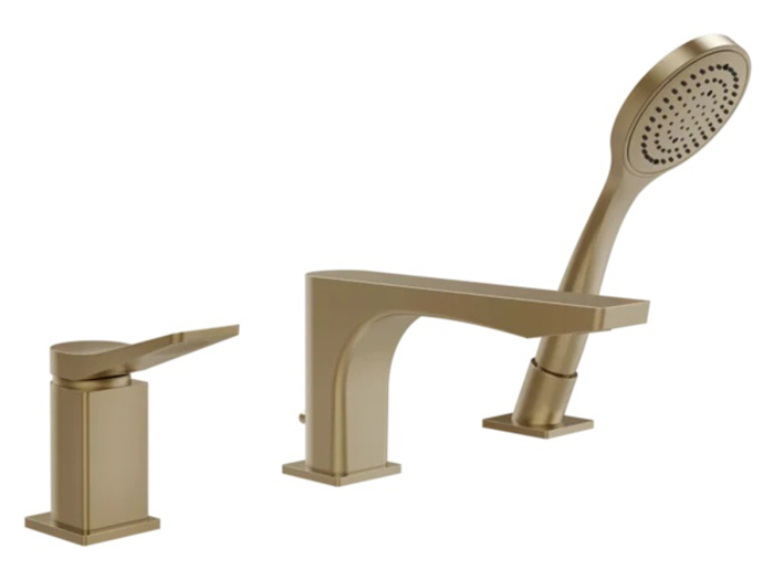 На изображении товар Смеситель для ванны Gessi Rilievo, на 3 отверстия с переключателем, изливом, выдвижным ручным душем, цвет Warm Bronze Brushed PVD от официального представителя в Москве