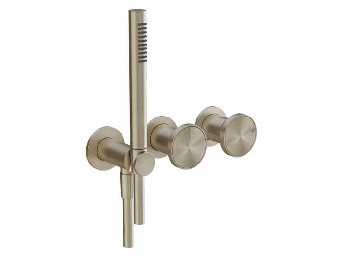 На изображении товар Смеситель Gessi Origini, настенный на 2 позиции, с переключателем, подводом воды, держателем лейки, внешние части, цвет Finox Brushed Nickel от официального представителя в Москве