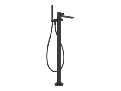 На изображении товар Смеситель для ванны Gessi Inverso, напольный, с переключателем и ручным душем с защитой от известкового налета, внешняя часть, Н-965 мм, цвет Matte Black от официального представителя в Москве