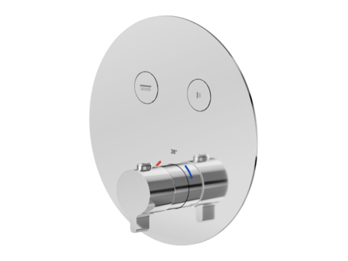 На изображении товар Термостат Newform O’Rama, встраиваемый, с ручкой установки температуры, с кнопками включения/выключения, внешняя часть, цвет Gold Satin от официального представителя в Москве