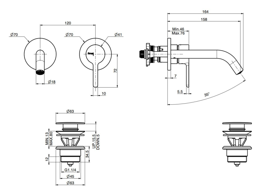 Смеситель для раковины Carlo Frattini Snap, настенный, однорычажный, с донным клапаном Click-Clack, излив 158 мм, внешняя часть, цвет брашированная шампань - изображение 3