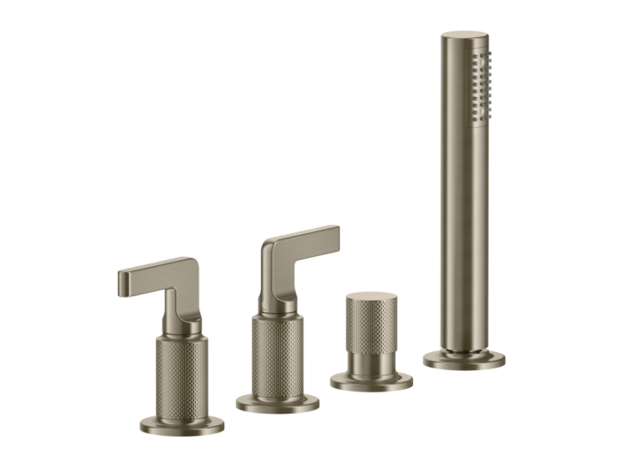 На изображении товар Смеситель для ванны Gessi Incisо, на 4 отверстия, с выдвижной лейкой, цвет Finox Brushed Nickel от официального представителя в Москве
