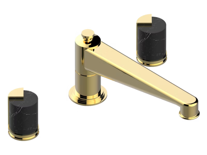 На изображении товар Смеситель для ванны THG Le 9 Nero Marquina, на 3 отверстия, удлинённый излив голиаф, цвет Gold PVD от официального представителя в Москве