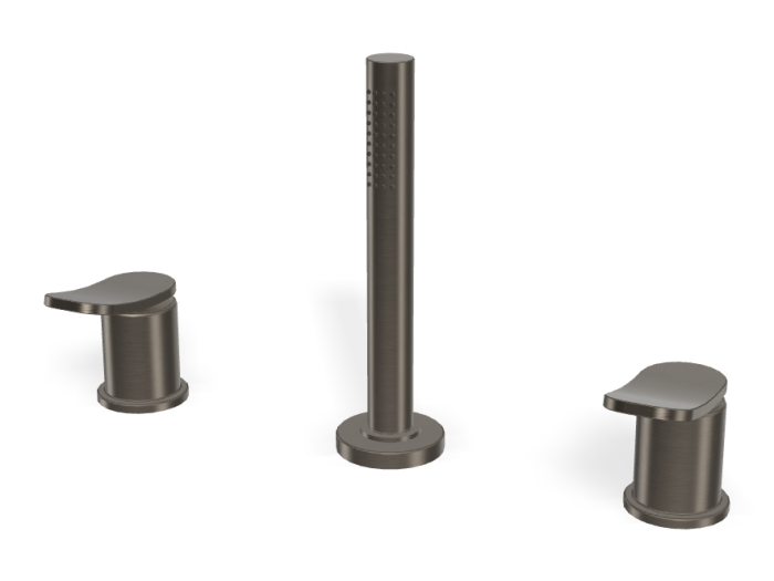 На изображении товар Смеситель для ванны Carlo Frattini Flo, на борт, без излива, с вытяжным ручным душем, нейлоновым шлангом 1500 мм, цвет брашированный чёрный хром от официального представителя в Москве