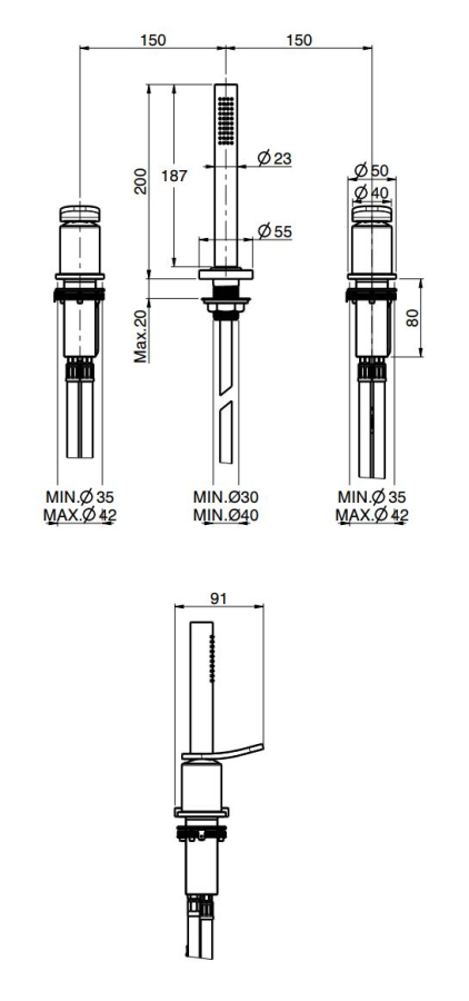Смеситель для ванны Carlo Frattini Flo, на борт, без излива, с вытяжным ручным душем, нейлоновым шлангом 1500 мм, цвет брашированный чёрный хром - изображение 3