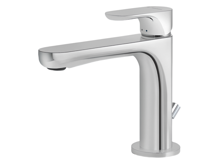 На изображении товар Смеситель для раковины Newform Linfa II, H147 мм, однорычажный, на 1 отверстие, донный клапан, соединительные шланги с внутренней резьбой, цвет хром от официального представителя в Москве