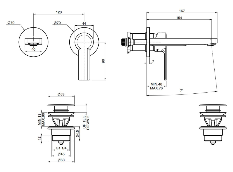 Смеситель для раковины Carlo Frattini Mast, настенный, с донным клапаном Click-Clack, L-167 мм, внешняя часть, цвет чёрный матовый - изображение 3