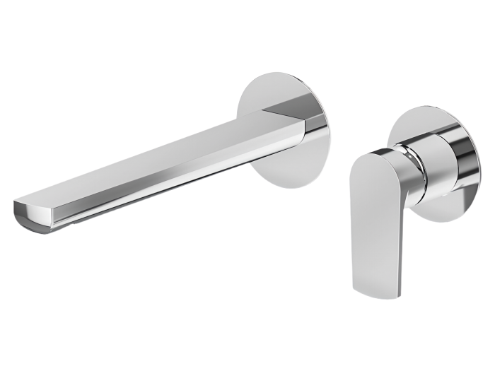 На изображении товар Смеситель для раковины Newform Haka, настенный, скрытого монтажа, на 2 отверстия, вынос излива 256 мм, без арт. 27855, внешняя часть, цвет хром от официального представителя в Москве