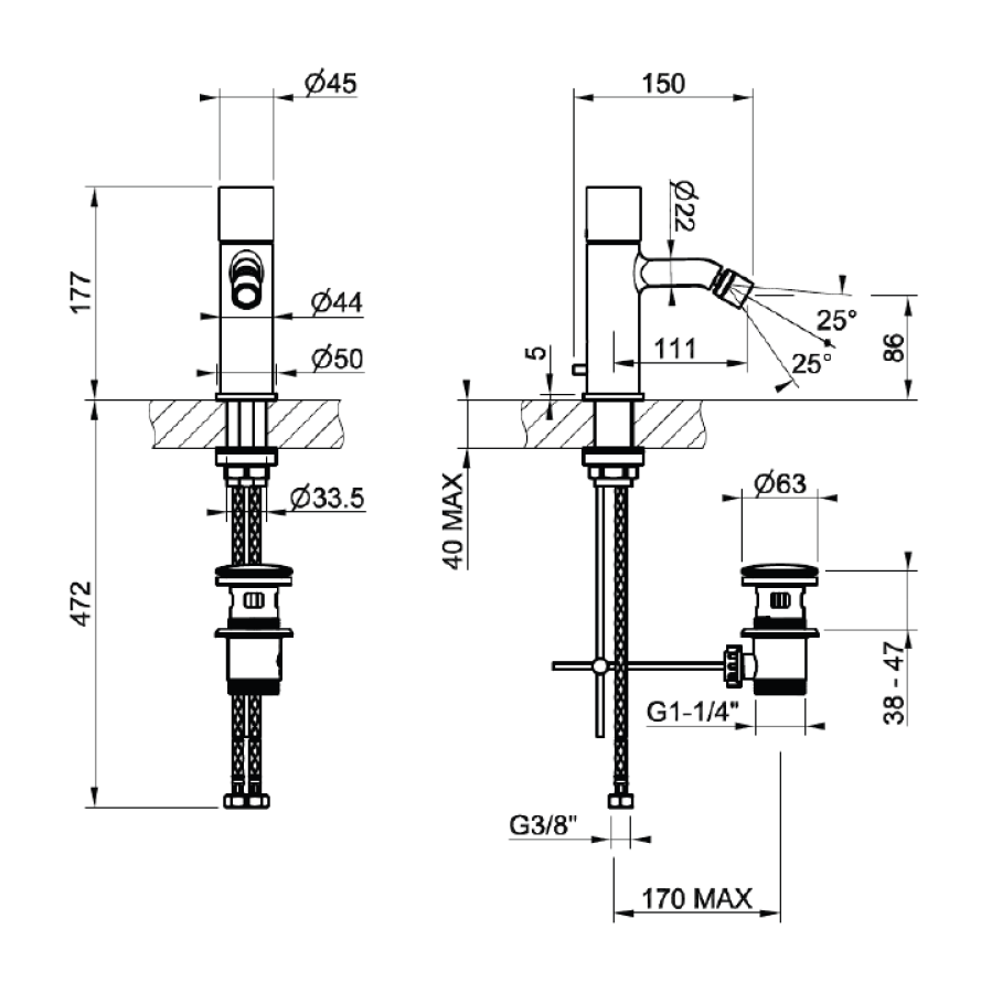 Cмеситель для биде Gessi Habito, с донным клапаном, соединительными шлангами, цвет Copper Brushed PVD - изображение 1