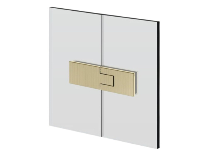 На изображении товар Петля стекло-стекло Gessi Rigato, угол поворота 90 градусов, если вес двери больше 50 кг, использовать 3 петли, максимальная ширина створки 1000 мм, цвет Brass PVD от официального представителя в Москве