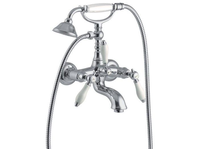 На изображении товар Смеситель для ванны Carlo Frattini Herend, с душевым комплектом, шлангом из латуни 1500 мм, керамическими ручками, Н-307 мм, цвет хром от официального представителя в Москве