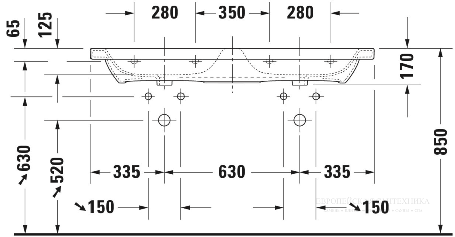 Раковина двойная Duravit DuraStyle для мебели, 1300x480 мм, с 2 отверстиями под смесители, цвет белый с покрытием WonderGliss - изображение 5