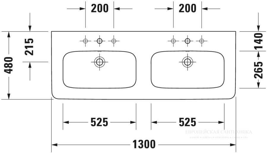 Раковина двойная Duravit DuraStyle для мебели, 1300x480 мм, с 2 отверстиями под смесители, цвет белый с покрытием WonderGliss - изображение 3