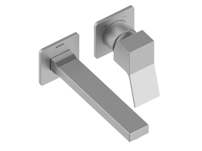 На изображении товар Смеситель для раковиныBossini Aki, однорычажный, встраиваемый, настенный, внешняя часть, излив 185 мм, цвет Brushed Nickel от официального представителя в Москве