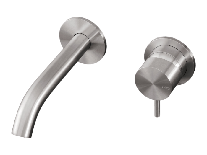На изображении товар Смеситель для раковины CeaDesign Milo360, настенный, на 2 отверстия, излив L. 155 мм, внешняя часть, сталь, цвет сатинированная сталь от официального представителя в Москве