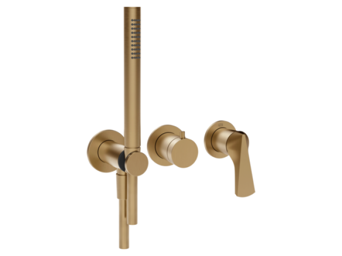 На изображении товар Смеситель для душа Gessi Ventaglio, встраиваемый, настенный, на 2 выхода, с ручным душем и переключателем, внешние части, цвет Warm Bronze Brushed PVD от официального представителя в Москве