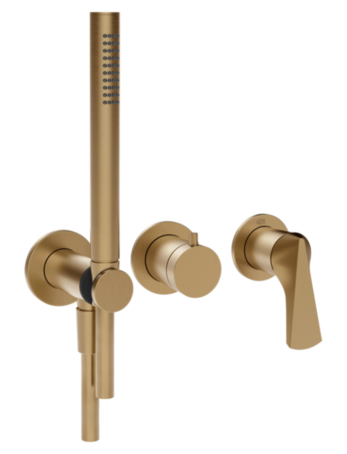 Смеситель для душа Gessi Ventaglio, встраиваемый, настенный, на 2 выхода, с ручным душем и переключателем, внешние части, цвет Warm Bronze Brushed PVD