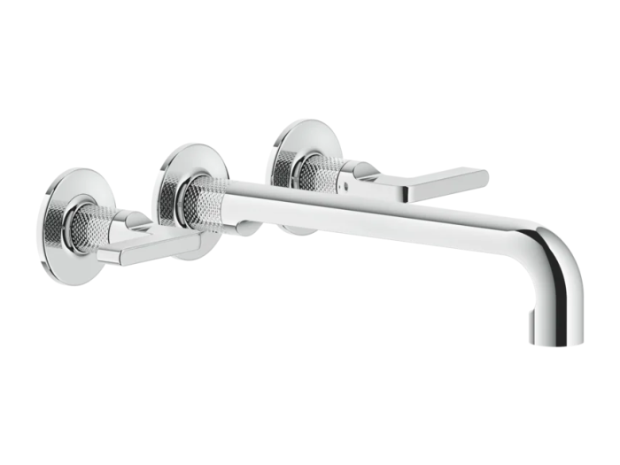 На изображении товар Смеситель для раковины Gessi Inciso, настенный, на 3 отверстия, длинный излив, без донного клапана, встраиваемый, цвет Chrome от официального представителя в Москве