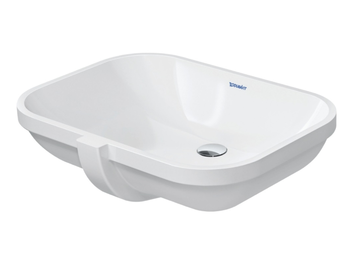На изображении товар Раковина Duravit D-Code встраиваемая снизу, 560х400 мм, с переливом, цвет белый c покрытием WonderGliss от официального представителя в Москве