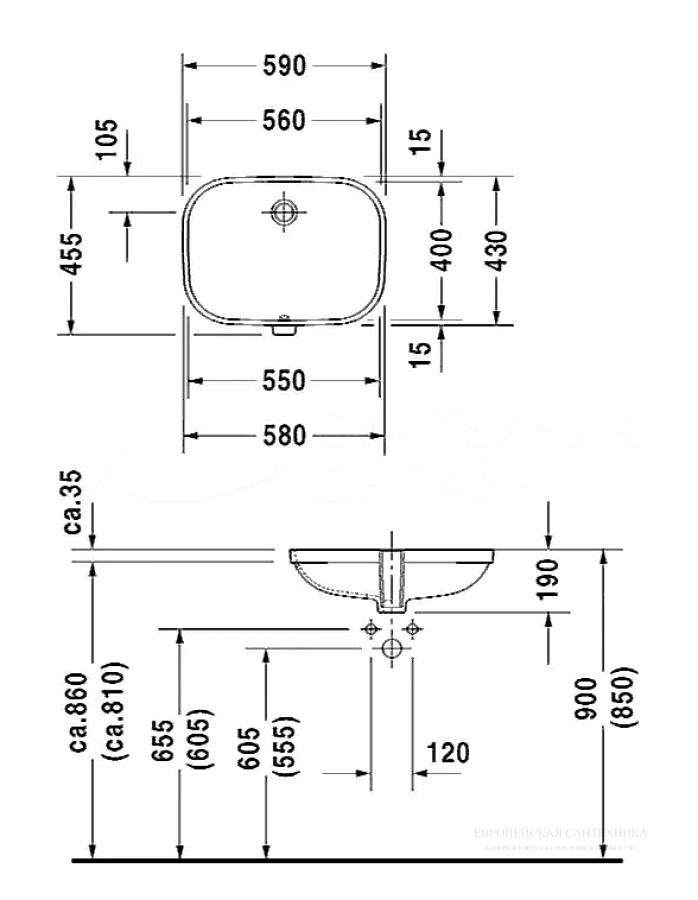 Раковина Duravit D-Code встраиваемая снизу, 560х400 мм, с переливом, цвет белый c покрытием WonderGliss - изображение 1