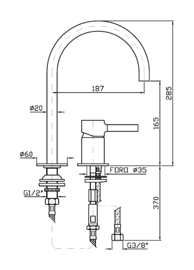 Смеситель для раковины Zucchetti Pan, однорычажный, на 2 отверстия, с поворотным изливом и аэратором, цвет Brushed Nickel - изображение 1