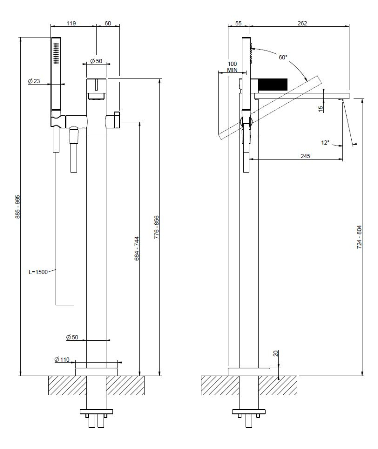 Смеситель для ванны Gessi Inverso, напольный, с переключателем и ручным душем с защитой от известкового налета, внешняя часть, Н-965 мм, цвет Brushed Brass PVD - изображение 1