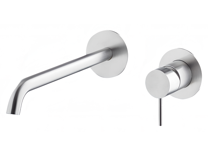 На изображении товар Смеситель для раковины Newform X-steel 316, настенный, встраиваемый, однорычажный, на 2 отверстия, излив 189 мм, внешняя часть, цвет Stainless steel от официального представителя в Москве