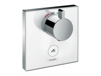 На изображении товар Термостат Hansgrohe ShowerSelect Highflow, настенный, с отдельным выводом для ручного душа, квадратная розетка, внешняя часть, стекло, цвет белый/хром от официального представителя в Москве