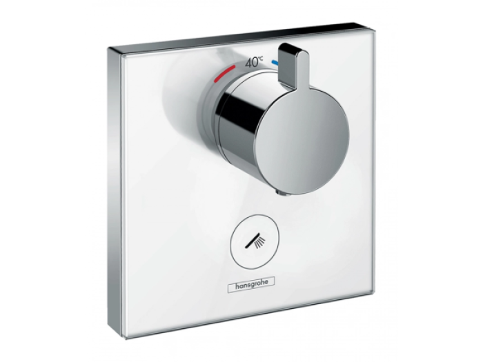 На изображении товар Термостат Hansgrohe ShowerSelect Highflow, настенный, с отдельным выводом для ручного душа, квадратная розетка, внешняя часть, стекло, цвет белый/хром от официального представителя в Москве