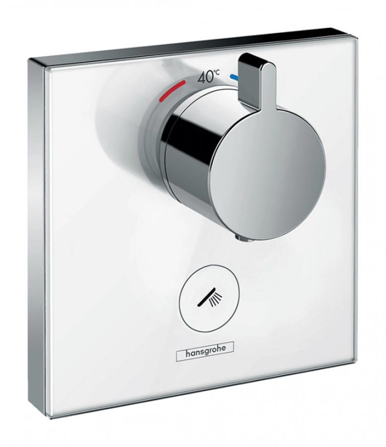 Термостат Hansgrohe ShowerSelect Highflow, настенный, с отдельным выводом для ручного душа, квадратная розетка, внешняя часть, стекло, цвет белый/хром