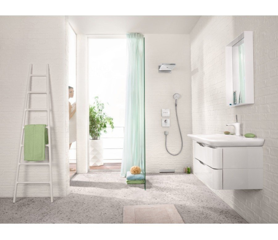 Термостат Hansgrohe ShowerSelect Highflow, настенный, с отдельным выводом для ручного душа, квадратная розетка, внешняя часть, стекло, цвет белый/хром - изображение 1