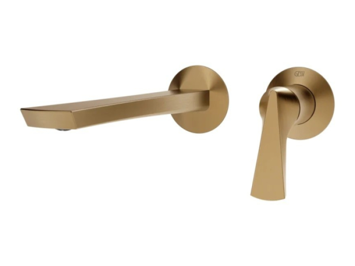 На изображении товар Смеситель для раковины Gessi Ventaglio, настенный, однорычажный, на 2 отверстия, излив 210 мм, встраиваемый, внешняя часть, цвет Warm Bronze Brushed PVD от официального представителя в Москве