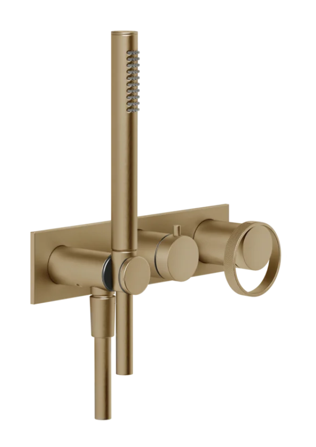 Смеситель для ванны/душа Gessi Anello, настенный, с ручным душем и держателем, встраиваемый, внешняя часть, цвет Warm Bronze Brushed PVD