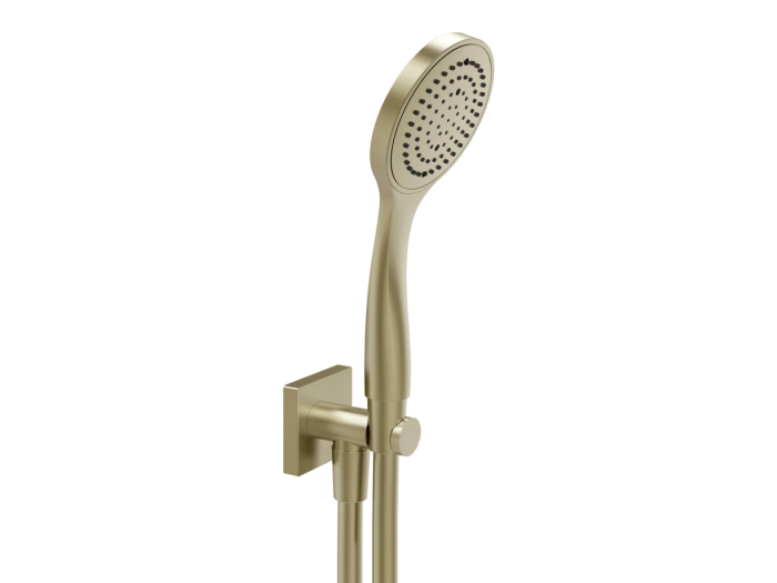 На изображении товар Ручной душ Gessi Rilievo, ø100 мм, настенный, с выводом воды, держателем лейки, шлангом, цвет Brass Brushed PVD от официального представителя в Москве