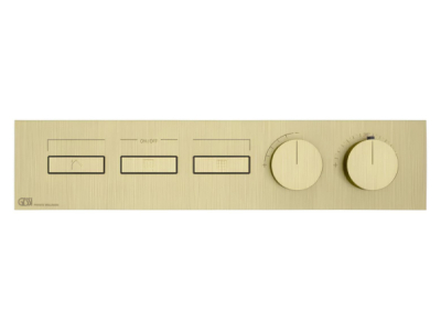 На изображении товар Термостат Gessi HI-FI, до 3 функций одновременно, с кнопками вкл/выкл, внешняя часть, ширина 455 мм, цвет Brushed Brass PVD от официального представителя в Москве