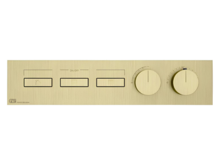 На изображении товар Термостат Gessi HI-FI, до 3 функций одновременно, с кнопками вкл/выкл, внешняя часть, ширина 455 мм, цвет Brushed Brass PVD от официального представителя в Москве