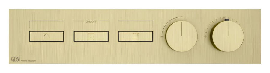 Термостат Gessi HI-FI, до 3 функций одновременно, с кнопками вкл/выкл, внешняя часть, ширина 455 мм, цвет Brushed Brass PVD
