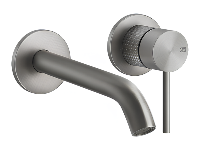 На изображении товар Смеситель для раковины Gessi316, настенный, со средним изливом, без донного клапана, внешние части, цвет Steel Brushed от официального представителя в Москве